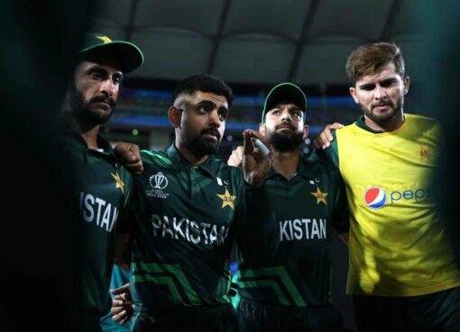 Babar Azam of Pakistan talks to his players before heading out to field during the ICC Men's Cricket World Cup India 2023 warm up match between New Zealand and Pakistan at Rajiv Gandhi International Stadium on September 29, 2023 in Hyderabad, India. (Photo by Matthew Lewis-ICC/ICC via Getty Images)